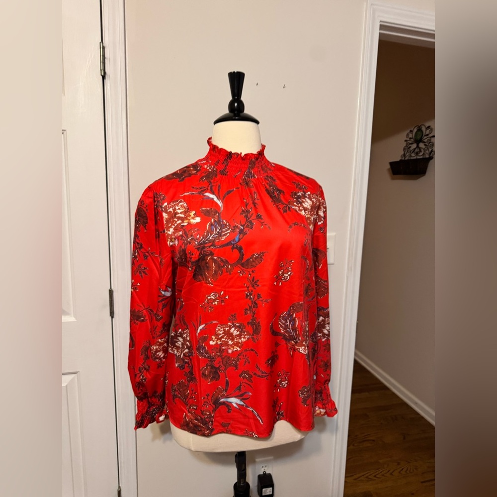 Red Floral Smocked-Neck Women's Blouse